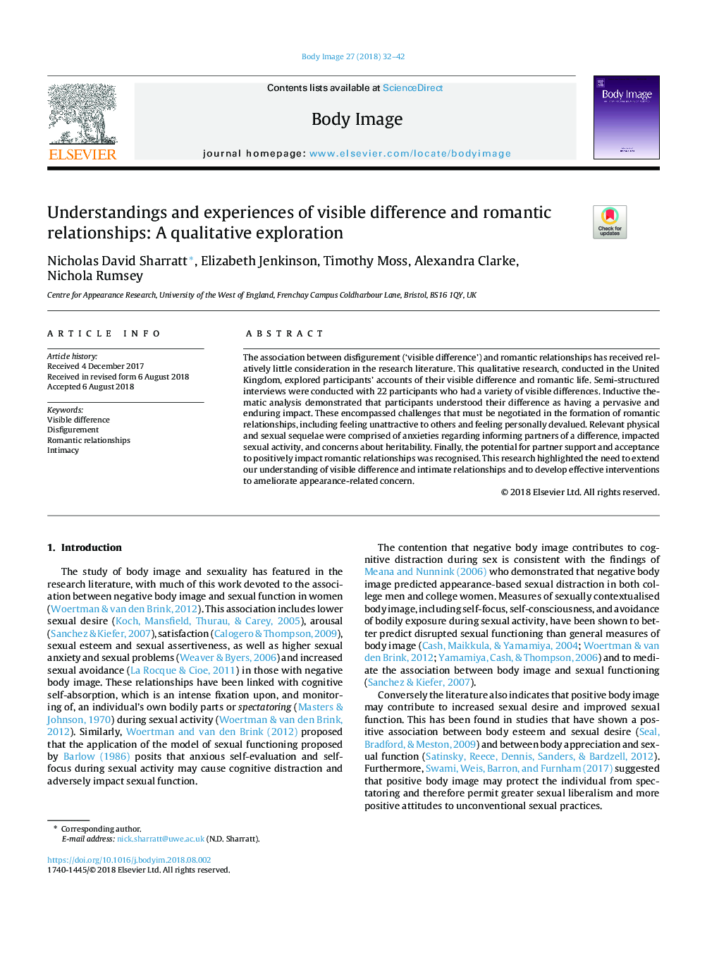 Understandings and experiences of visible difference and romantic relationships: A qualitative exploration