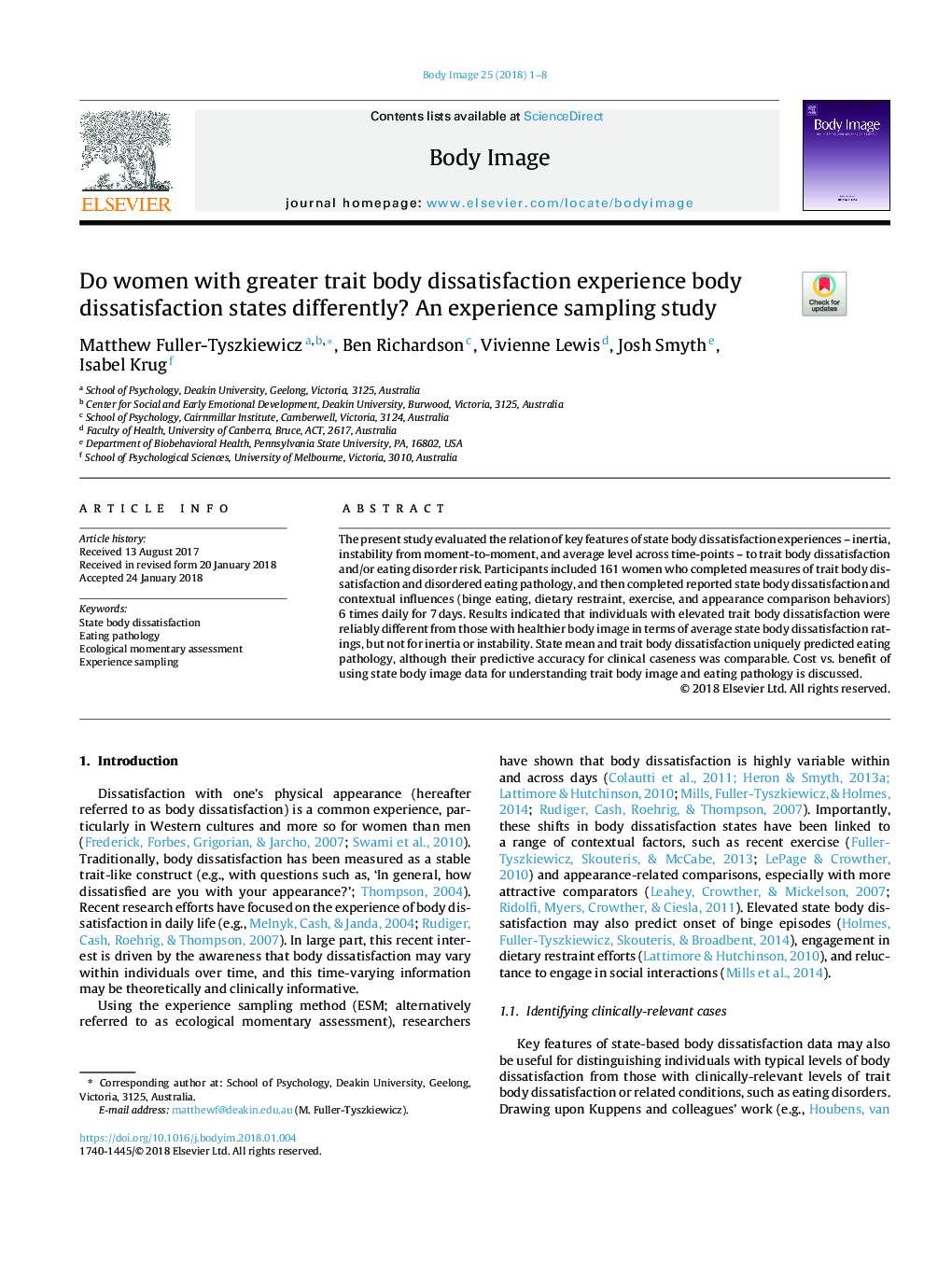 Do women with greater trait body dissatisfaction experience body dissatisfaction states differently? An experience sampling study