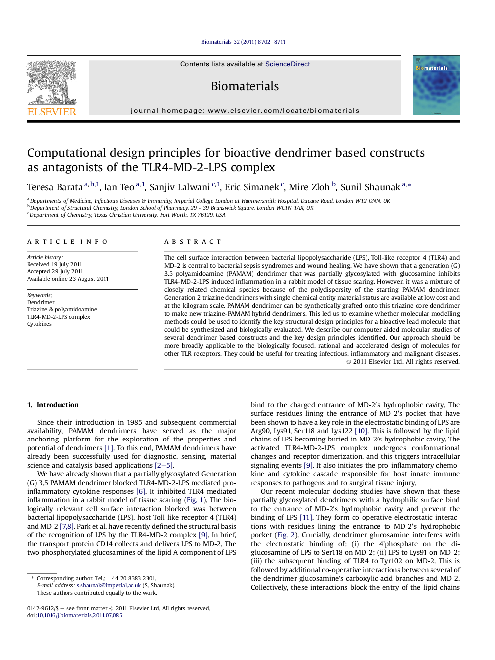 Computational design principles for bioactive dendrimer based constructs as antagonists of the TLR4-MD-2-LPS complex