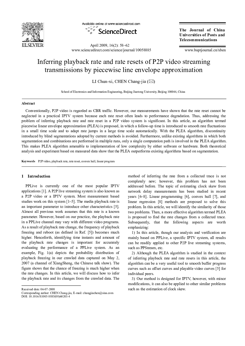 Inferring playback rate and rate resets of P2P video streaming transmissions by piecewise line envelope approximation