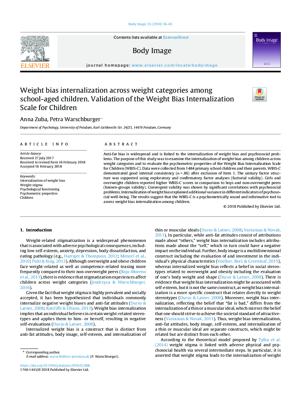 Weight bias internalization across weight categories among school-aged children. Validation of the Weight Bias Internalization Scale for Children