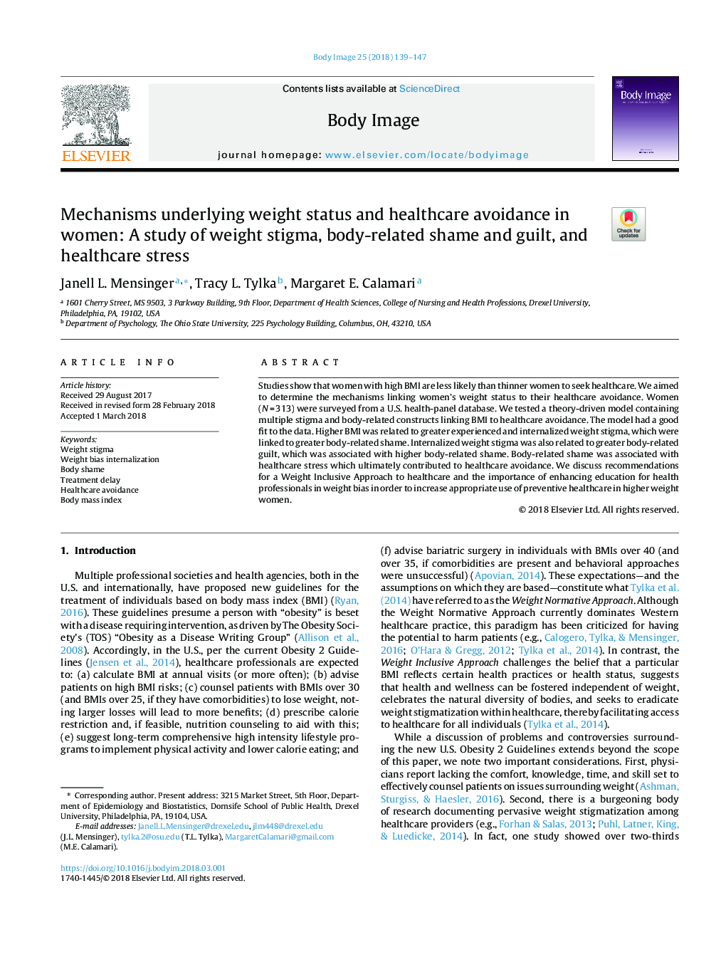 Mechanisms underlying weight status and healthcare avoidance in women: A study of weight stigma, body-related shame and guilt, and healthcare stress