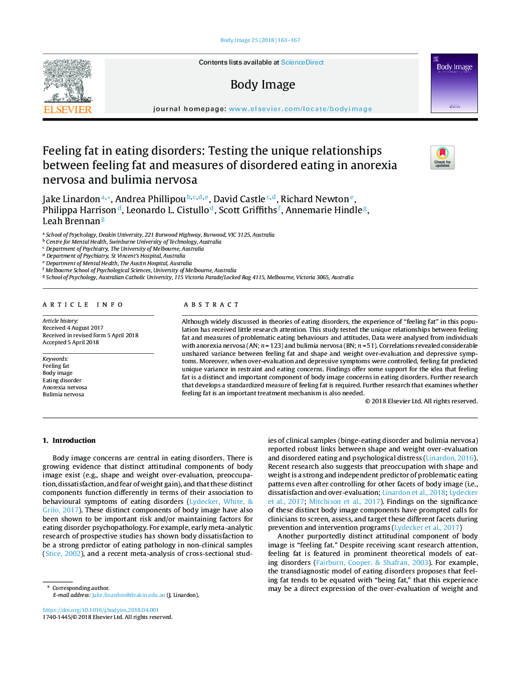 Feeling fat in eating disorders: Testing the unique relationships between feeling fat and measures of disordered eating in anorexia nervosa and bulimia nervosa