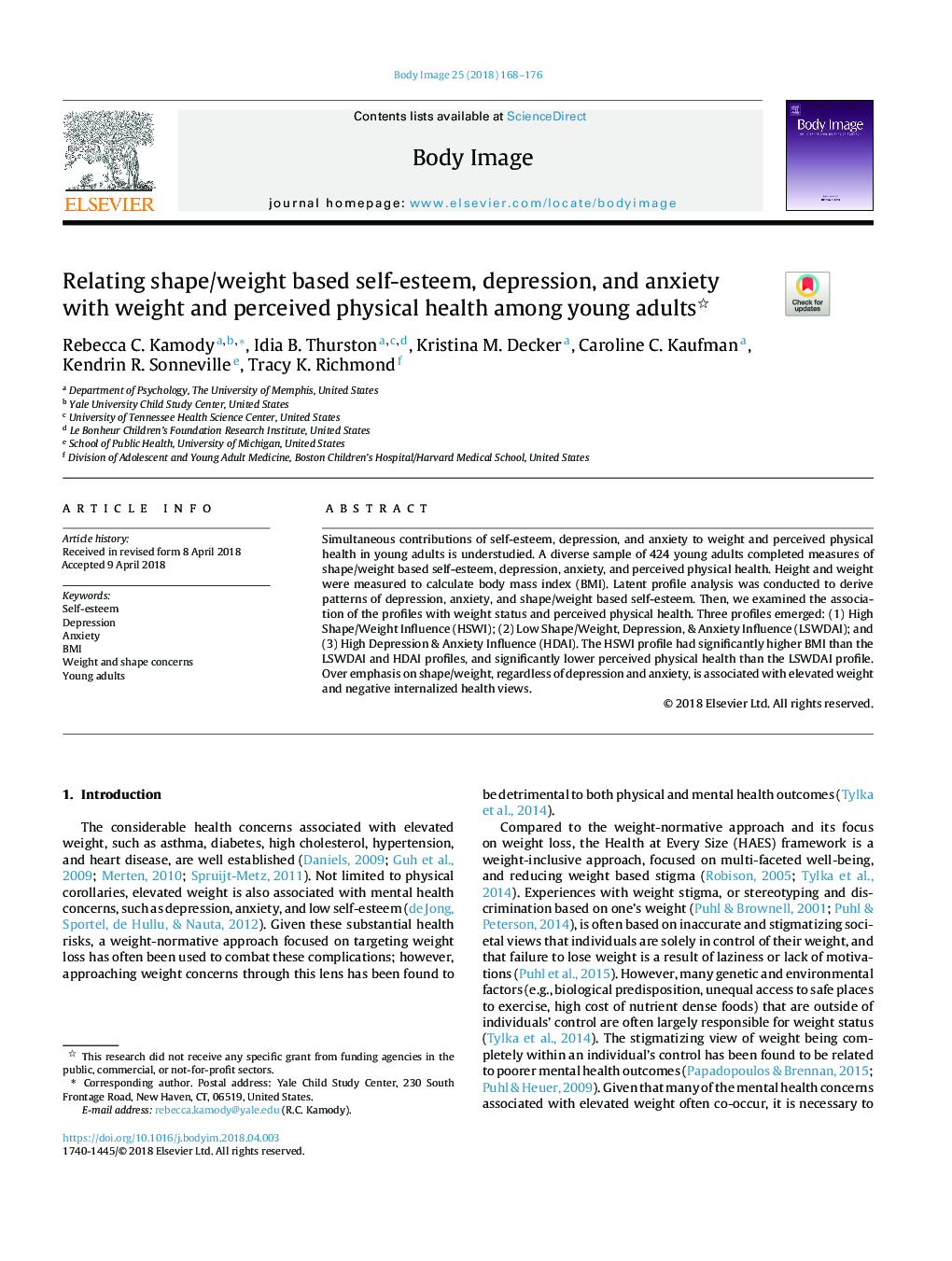 Relating shape/weight based self-esteem, depression, and anxiety with weight and perceived physical health among young adults