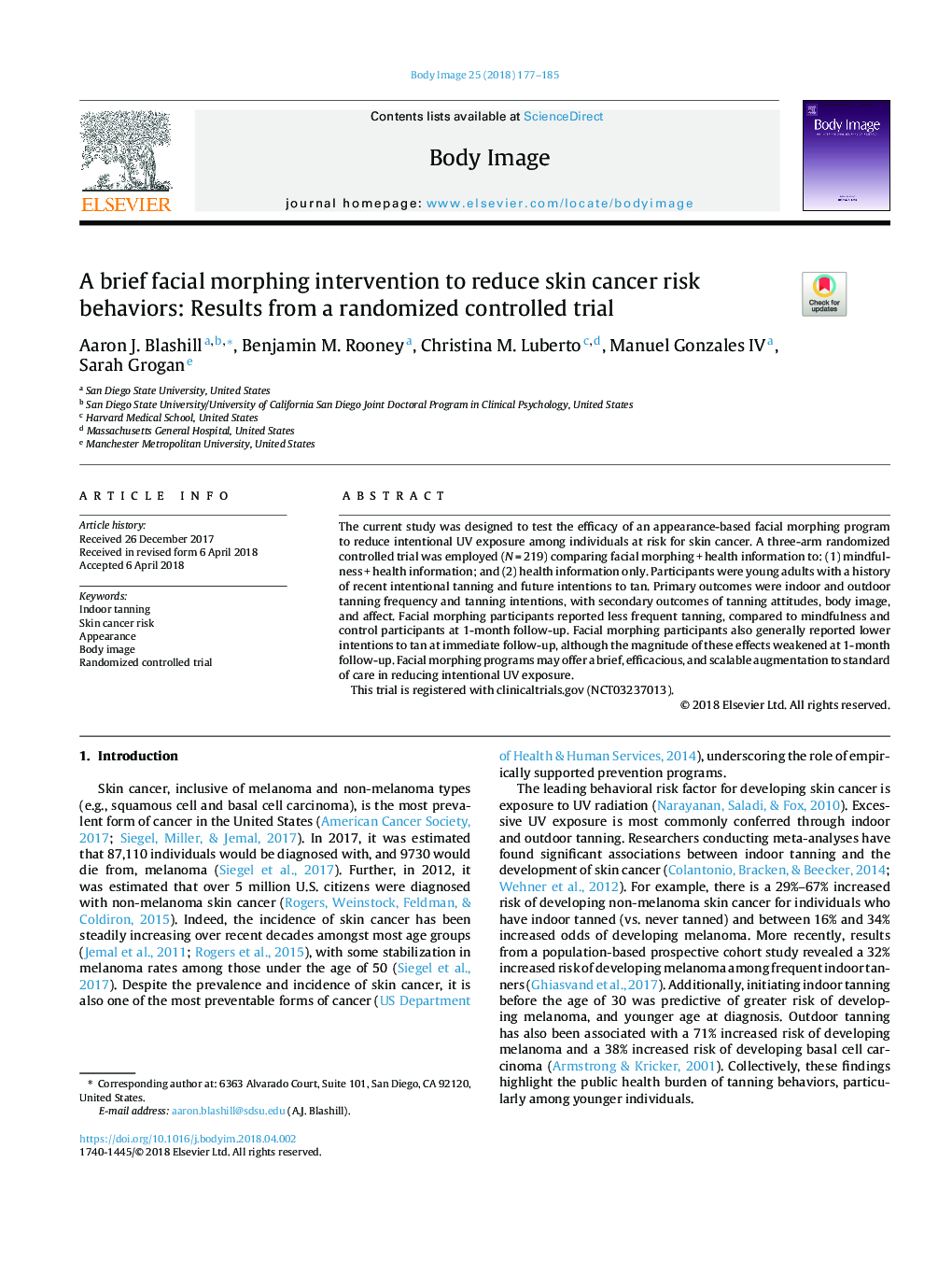 A brief facial morphing intervention to reduce skin cancer risk behaviors: Results from a randomized controlled trial