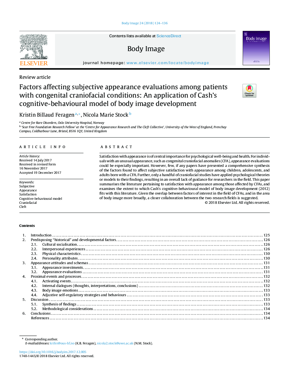 Factors affecting subjective appearance evaluations among patients with congenital craniofacial conditions: An application of Cash's cognitive-behavioural model of body image development