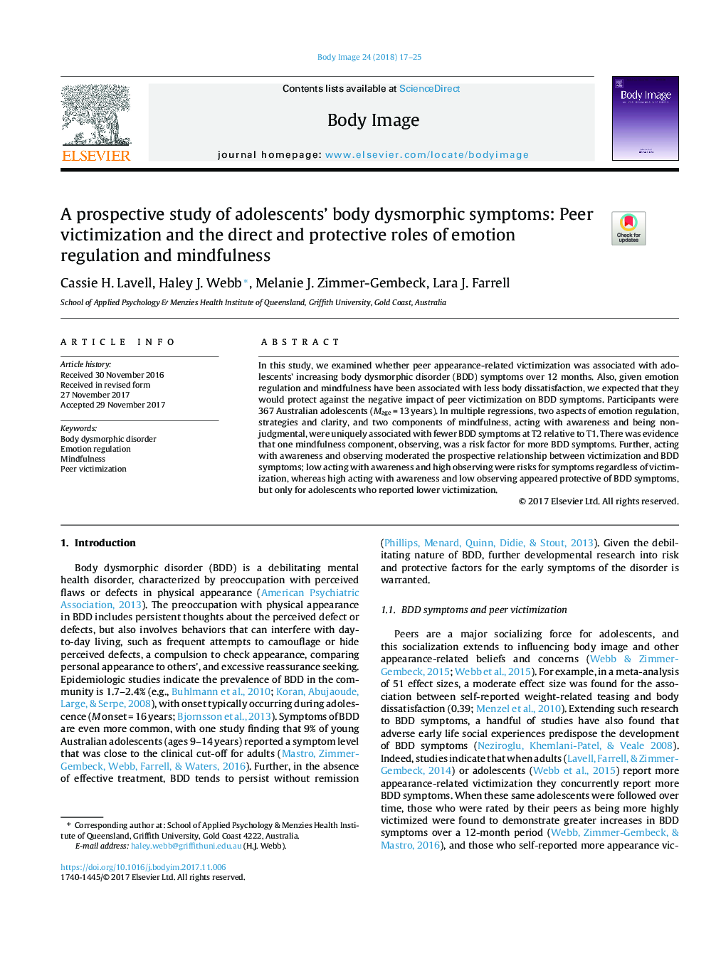 A prospective study of adolescents' body dysmorphic symptoms: Peer victimization and the direct and protective roles of emotion regulation and mindfulness