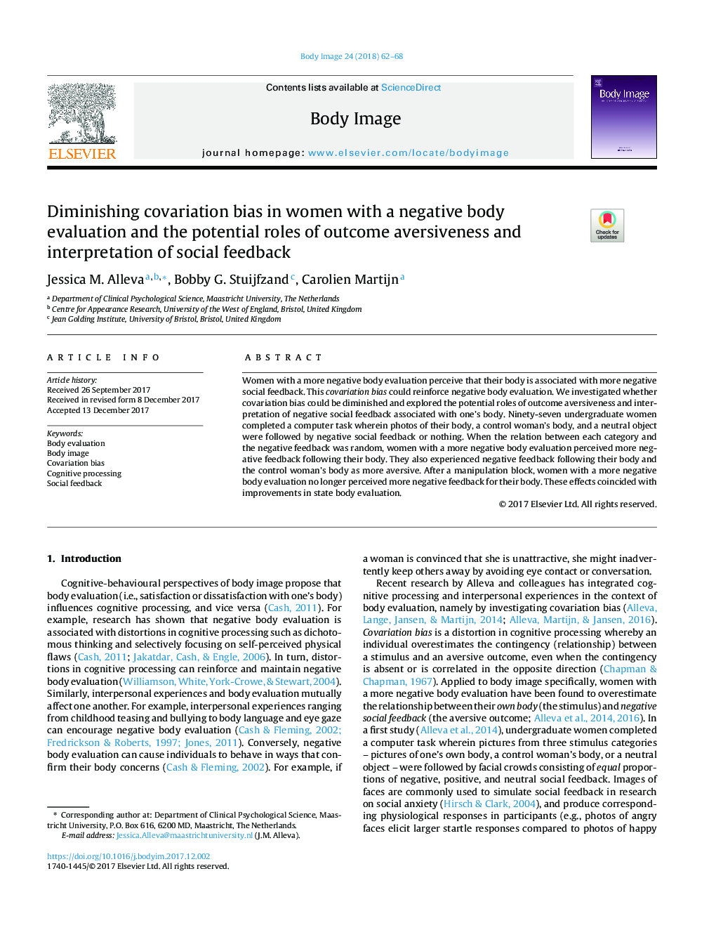 Diminishing covariation bias in women with a negative body evaluation and the potential roles of outcome aversiveness and interpretation of social feedback