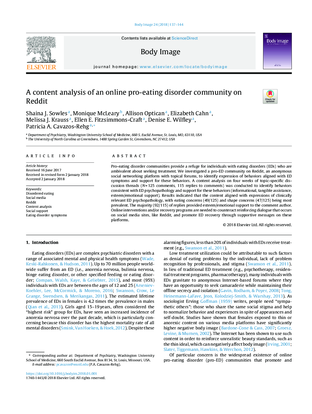 A content analysis of an online pro-eating disorder community on Reddit