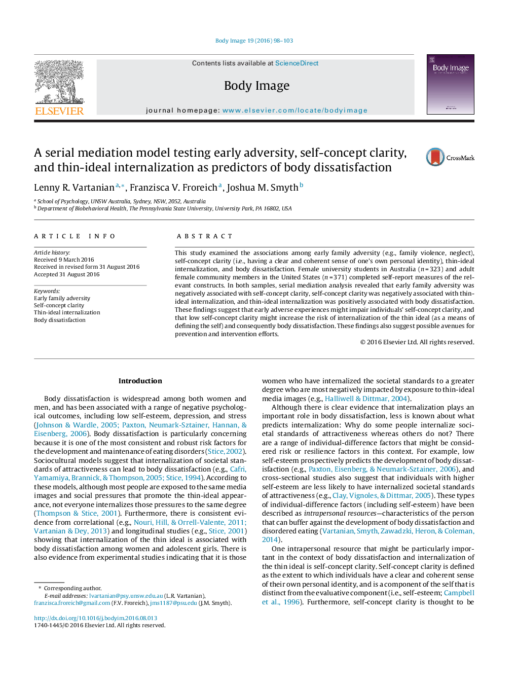 A serial mediation model testing early adversity, self-concept clarity, and thin-ideal internalization as predictors of body dissatisfaction