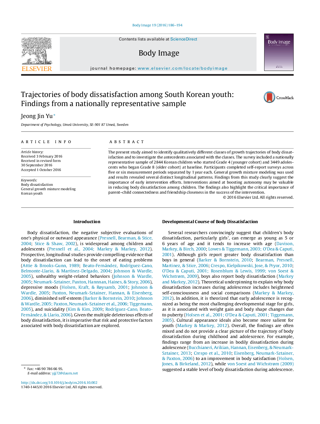 Trajectories of body dissatisfaction among South Korean youth: Findings from a nationally representative sample