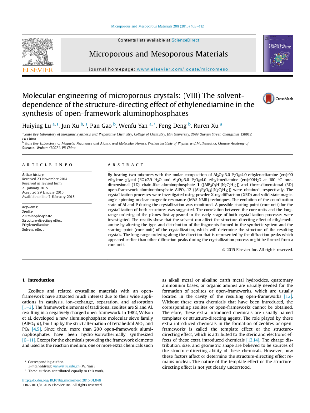 Molecular engineering of microporous crystals: (VIII) The solvent-dependence of the structure-directing effect of ethylenediamine in the synthesis of open-framework aluminophosphates