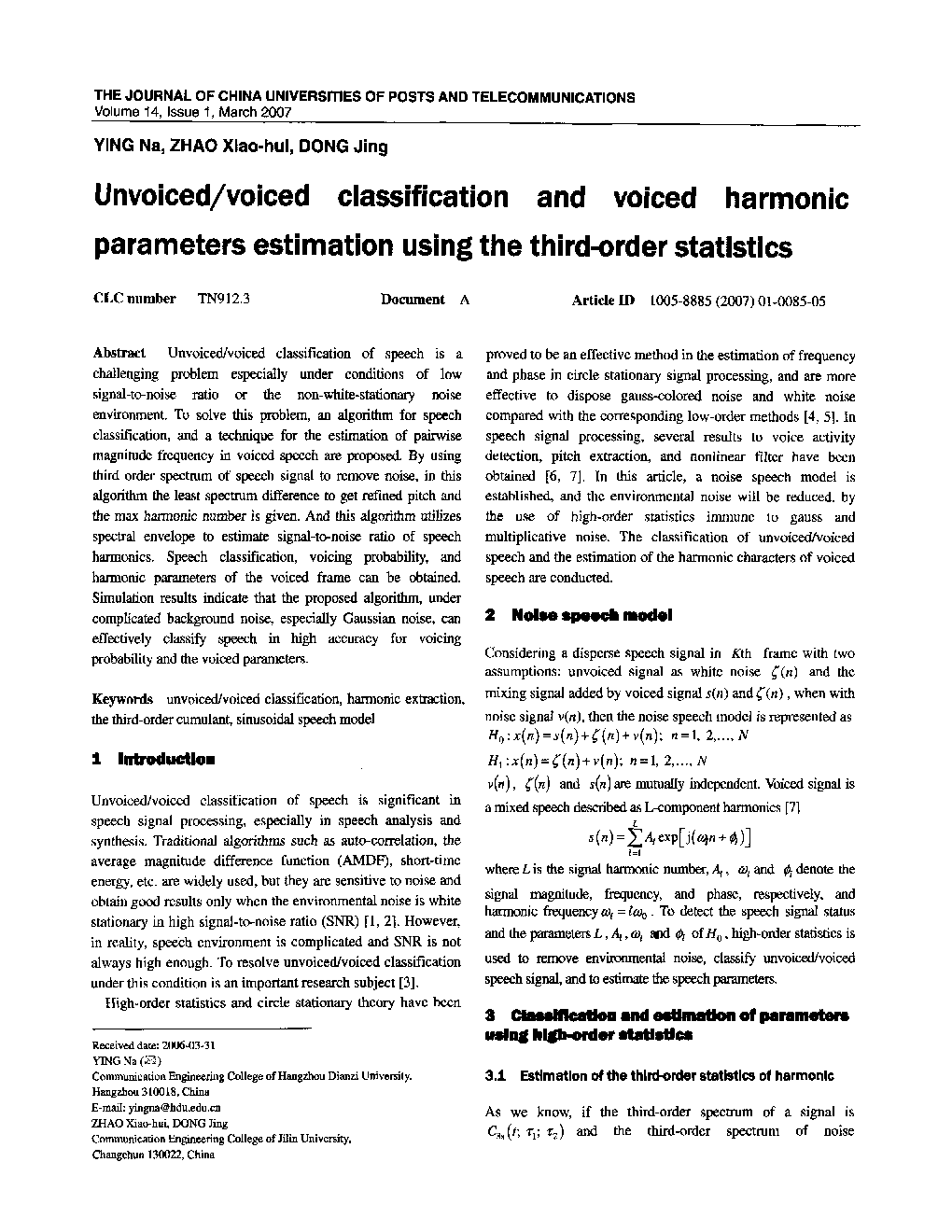 Unvoiced/voiced classification and voiced harmonic parameters estimation using the third-order statistics