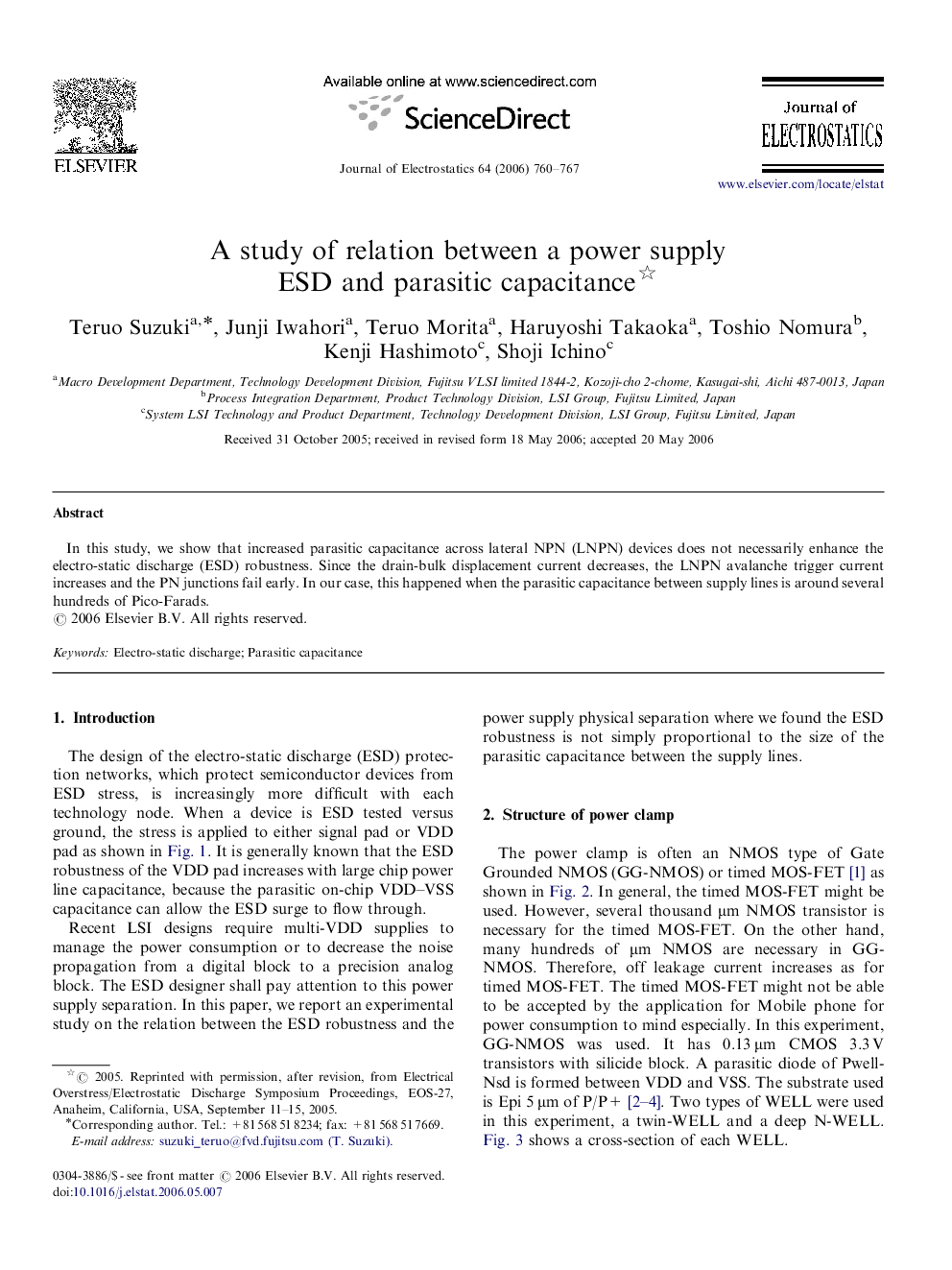 A study of relation between a power supply ESD and parasitic capacitance 