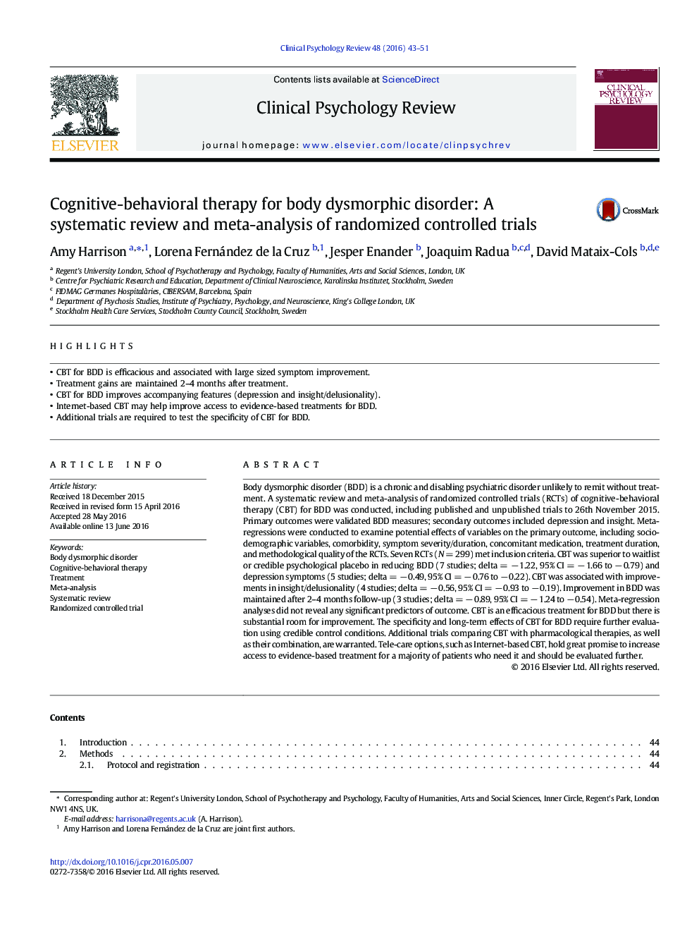 Cognitive-behavioral therapy for body dysmorphic disorder: A systematic review and meta-analysis of randomized controlled trials