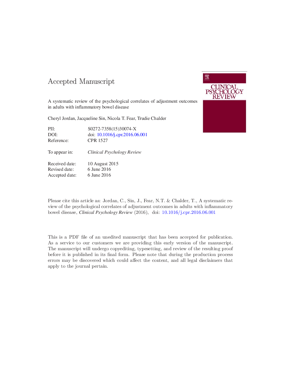 A systematic review of the psychological correlates of adjustment outcomes in adults with inflammatory bowel disease