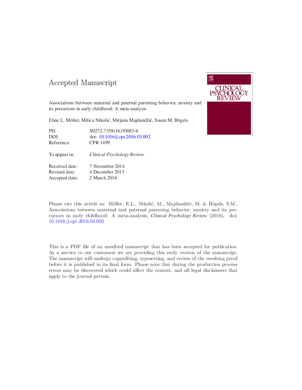 Associations between maternal and paternal parenting behaviors, anxiety and its precursors in early childhood: A meta-analysis