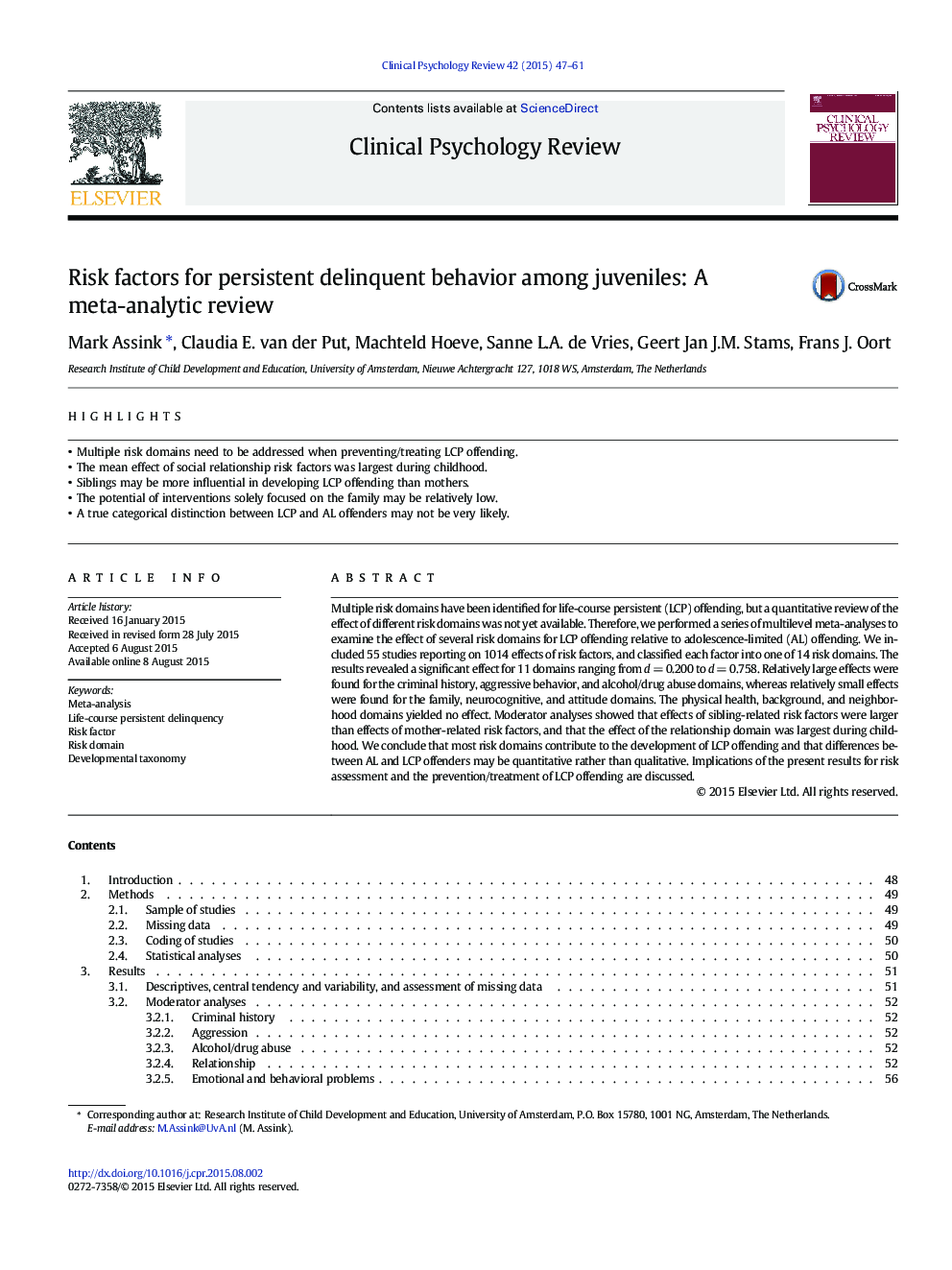 Risk factors for persistent delinquent behavior among juveniles: A meta-analytic review