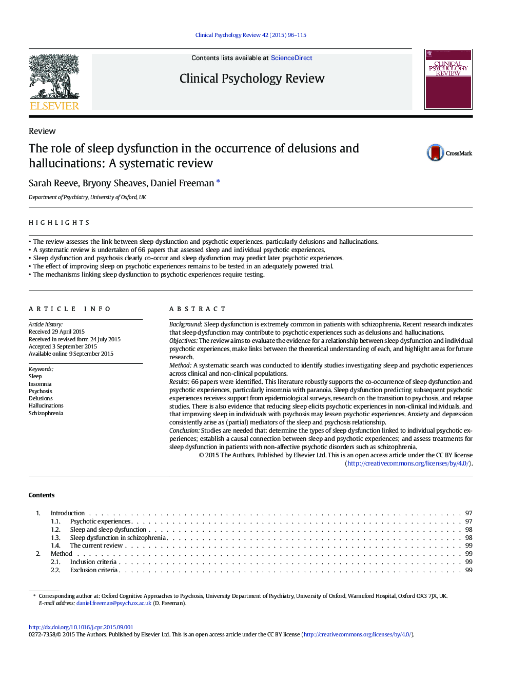 The role of sleep dysfunction in the occurrence of delusions and hallucinations: A systematic review