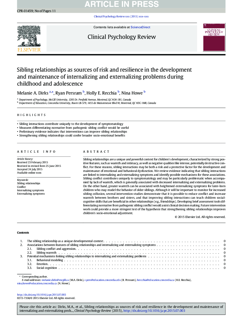 Sibling relationships as sources of risk and resilience in the development and maintenance of internalizing and externalizing problems during childhood and adolescence