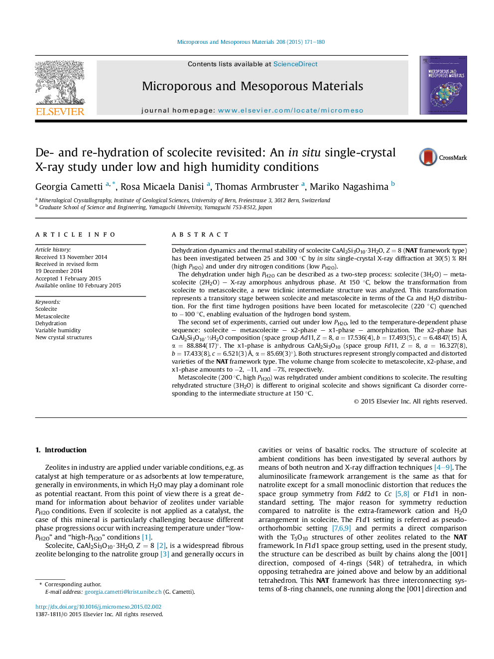 De- and re-hydration of scolecite revisited: An in situ single-crystal X-ray study under low and high humidity conditions