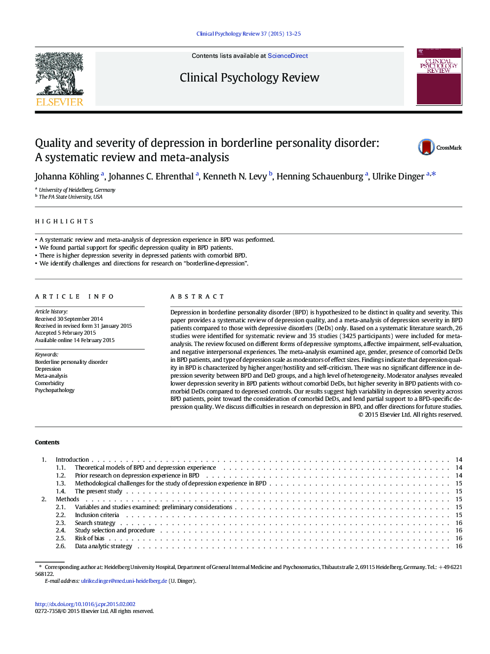 Quality and severity of depression in borderline personality disorder: A systematic review and meta-analysis