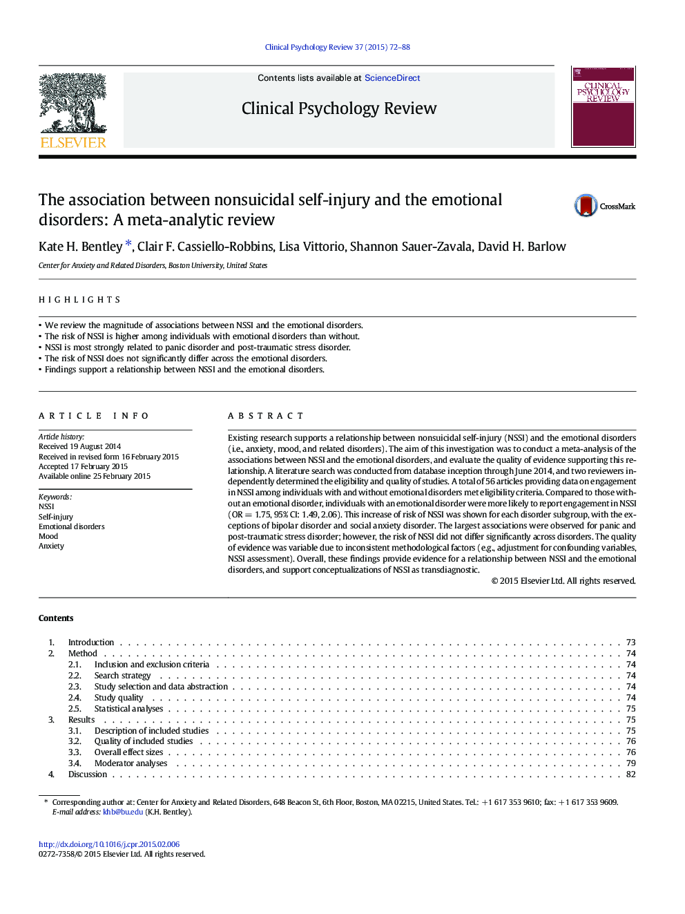 The association between nonsuicidal self-injury and the emotional disorders: A meta-analytic review