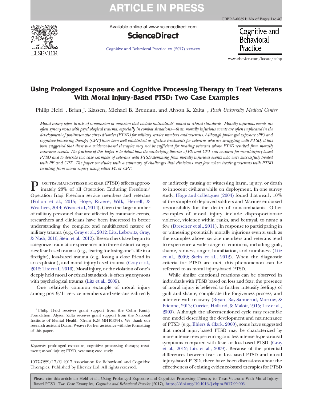 Using Prolonged Exposure and Cognitive Processing Therapy to Treat Veterans With Moral Injury-Based PTSD: Two Case Examples