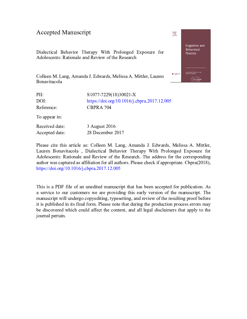 Dialectical Behavior Therapy With Prolonged Exposure for Adolescents: Rationale and Review of the Research