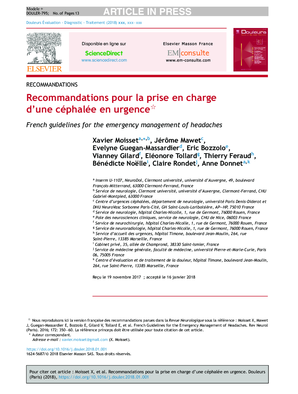 Recommandations pour la prise en charge d'une céphalée en urgence