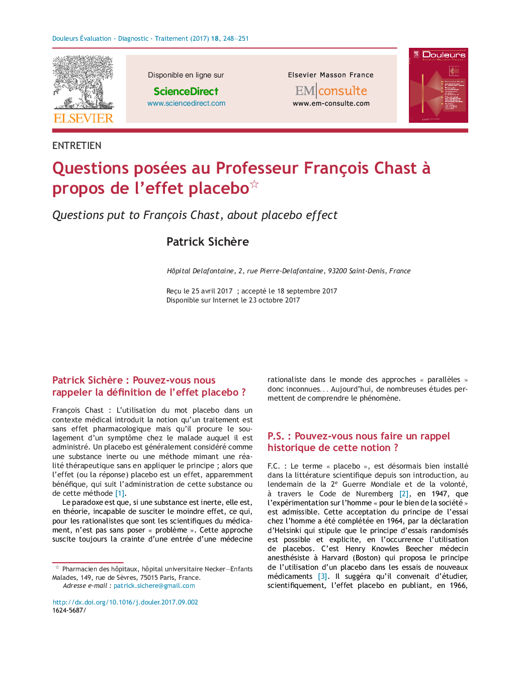 Questions posées au Professeur François Chast Ã  propos de l'effet placebo