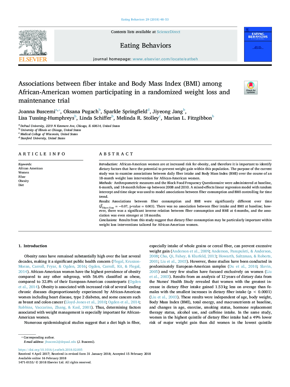 Associations between fiber intake and Body Mass Index (BMI) among African-American women participating in a randomized weight loss and maintenance trial