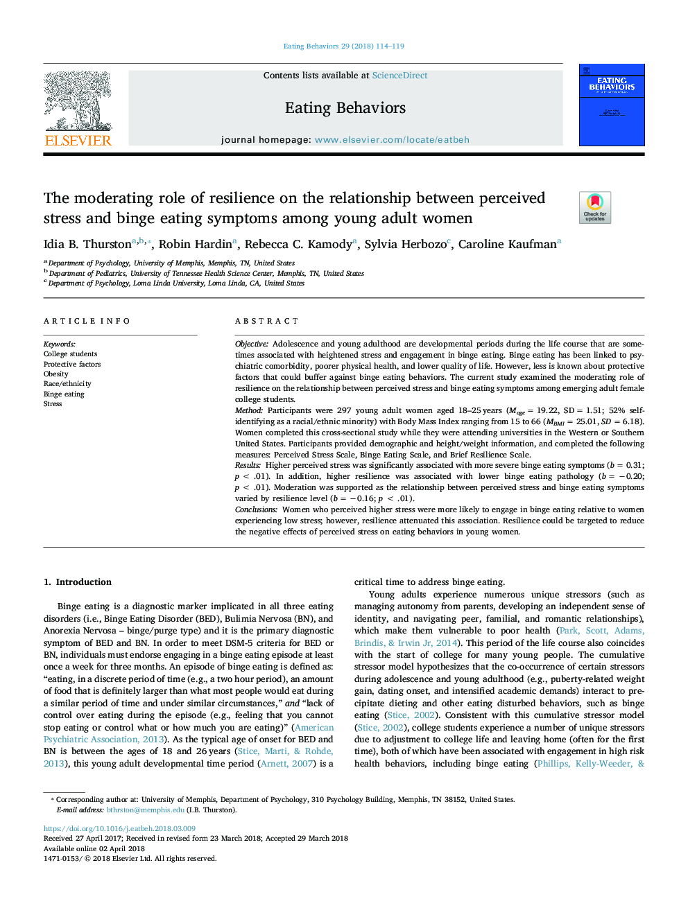 The moderating role of resilience on the relationship between perceived stress and binge eating symptoms among young adult women