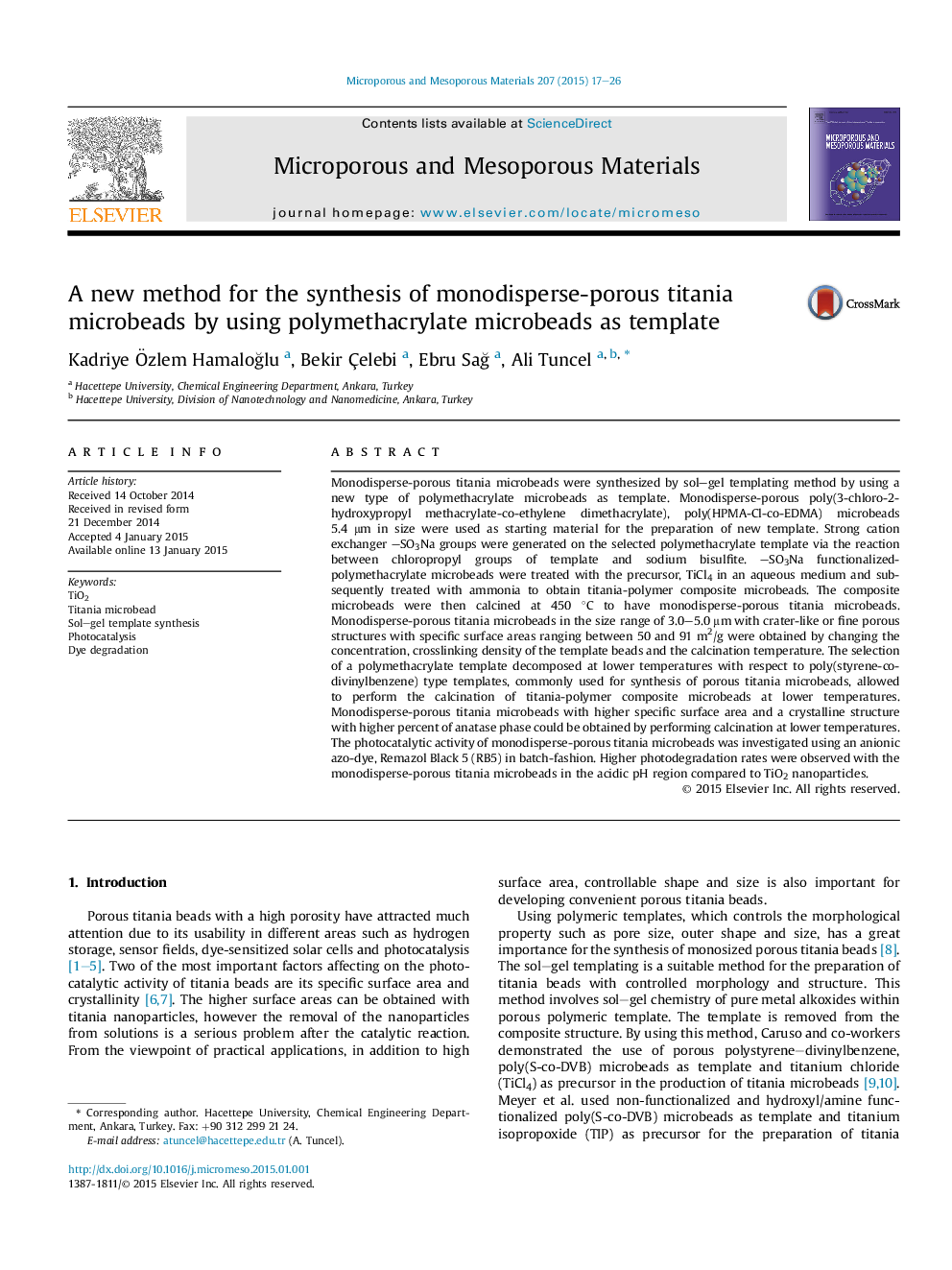 A new method for the synthesis of monodisperse-porous titania microbeads by using polymethacrylate microbeads as template