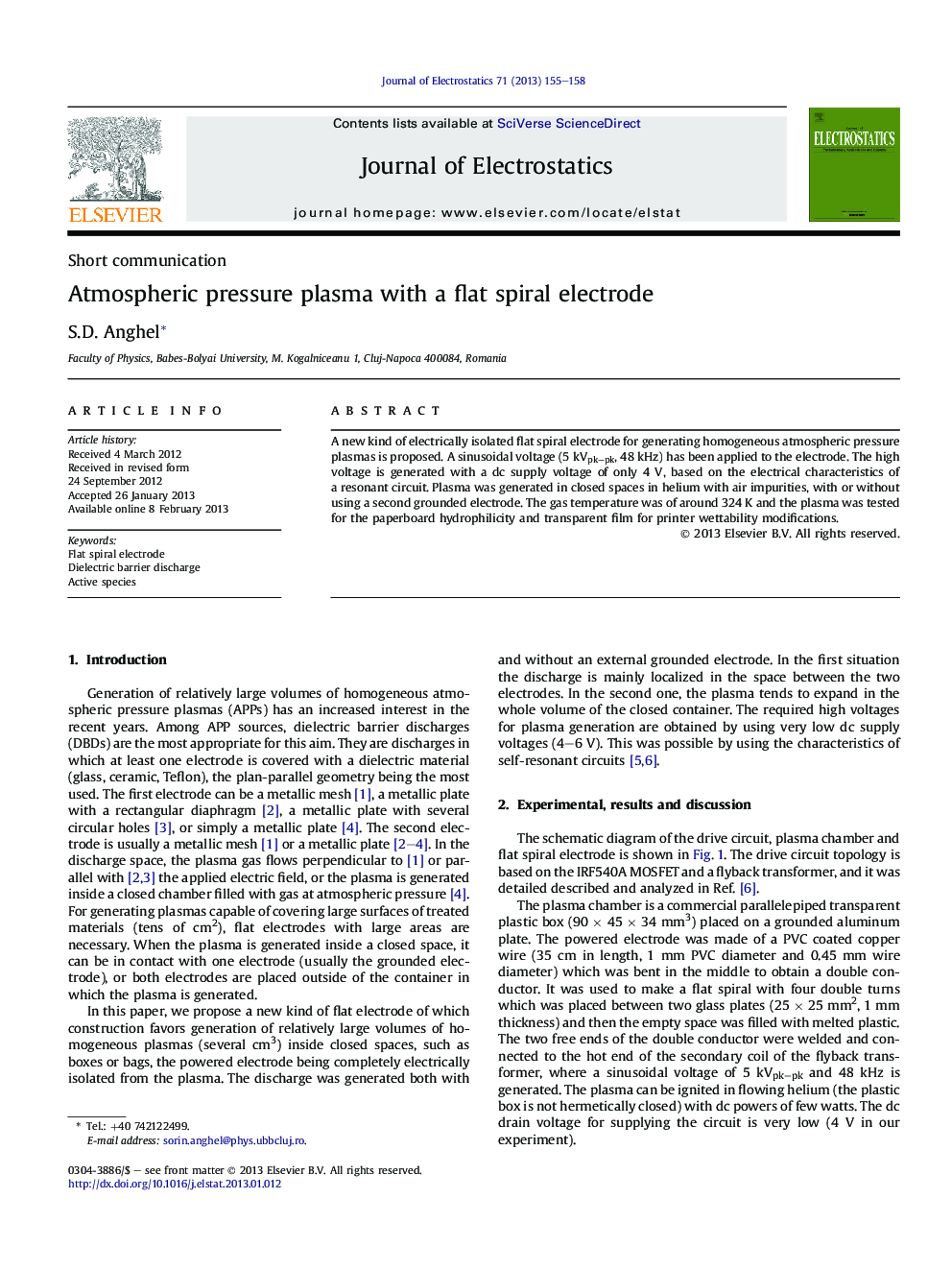 Atmospheric pressure plasma with a flat spiral electrode