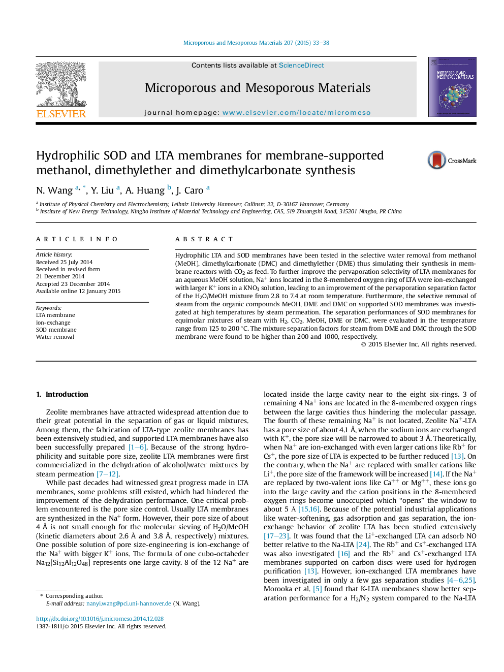 Hydrophilic SOD and LTA membranes for membrane-supported methanol, dimethylether and dimethylcarbonate synthesis