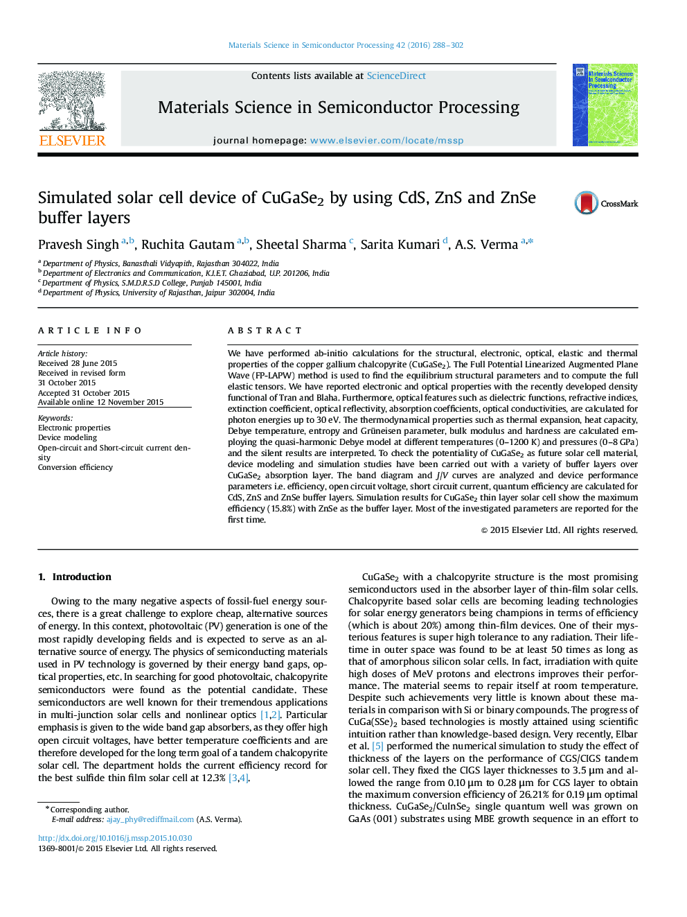 Simulated solar cell device of CuGaSe2 by using CdS, ZnS and ZnSe buffer layers