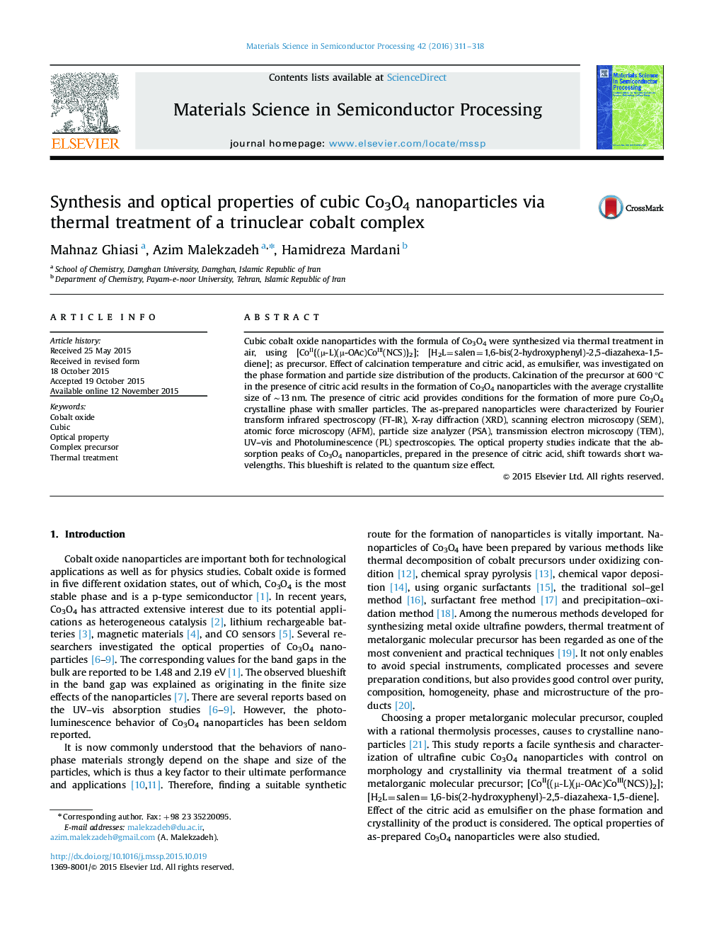 Synthesis and optical properties of cubic Co3O4 nanoparticles via thermal treatment of a trinuclear cobalt complex