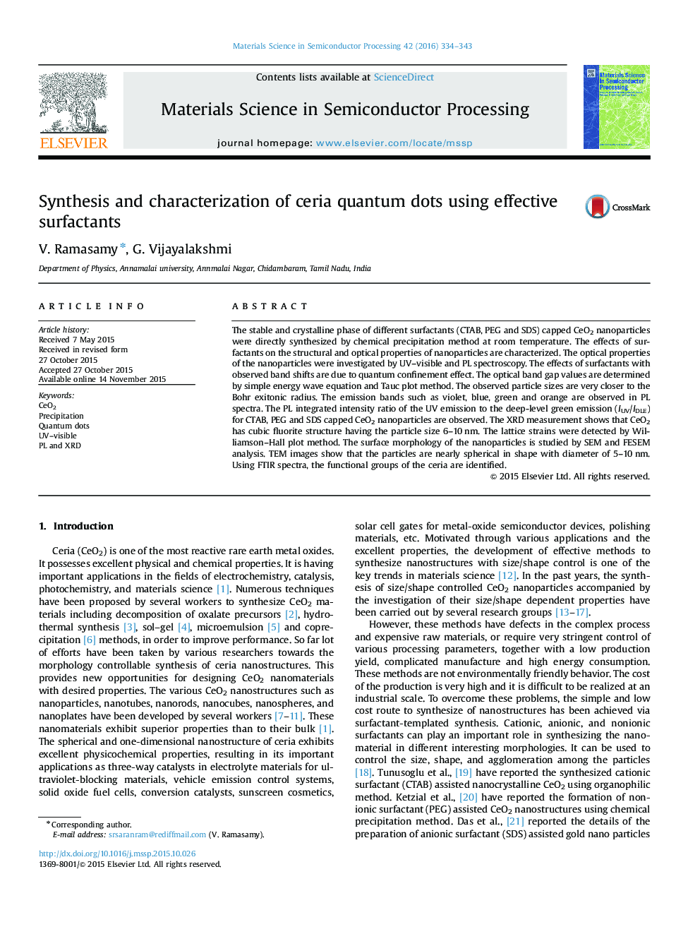 Synthesis and characterization of ceria quantum dots using effective surfactants