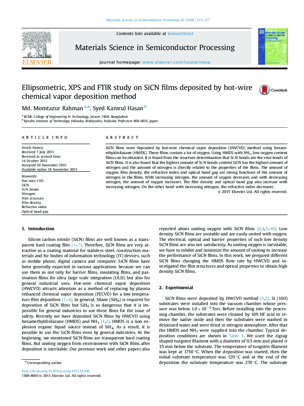 Ellipsometric, XPS and FTIR study on SiCN films deposited by hot-wire chemical vapor deposition method