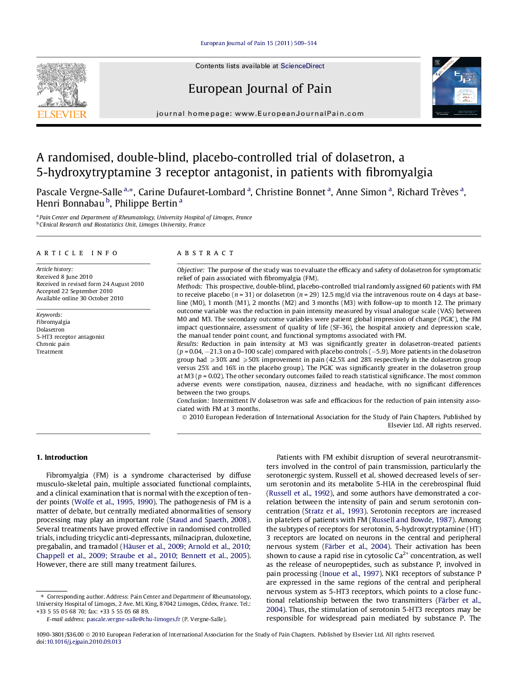 A randomised, double-blind, placebo-controlled trial of dolasetron, a 5-hydroxytryptamine 3 receptor antagonist, in patients with fibromyalgia