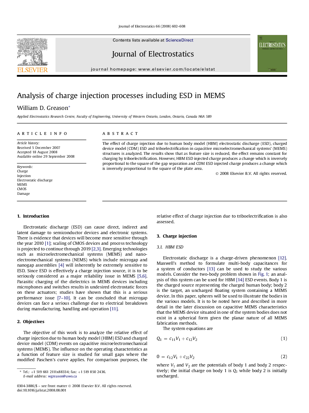 Analysis of charge injection processes including ESD in MEMS