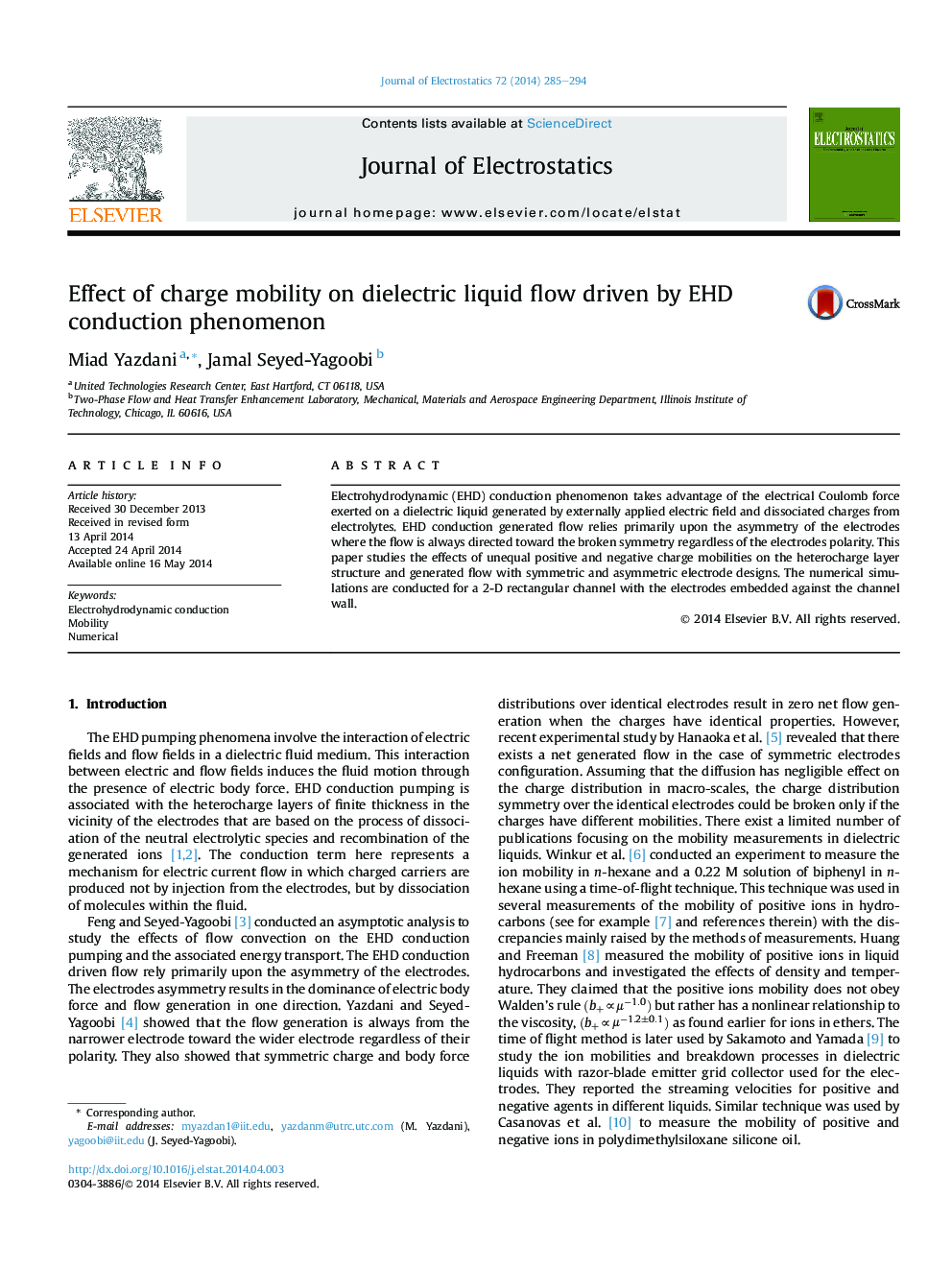 عکس صفحه اول مقاله: Effect of charge mobility on dielectric liquid flow driven by EHD conduction phenomenon Effect of charge mobility on dielectric liquid flow driven by EHD conduction phenomenon