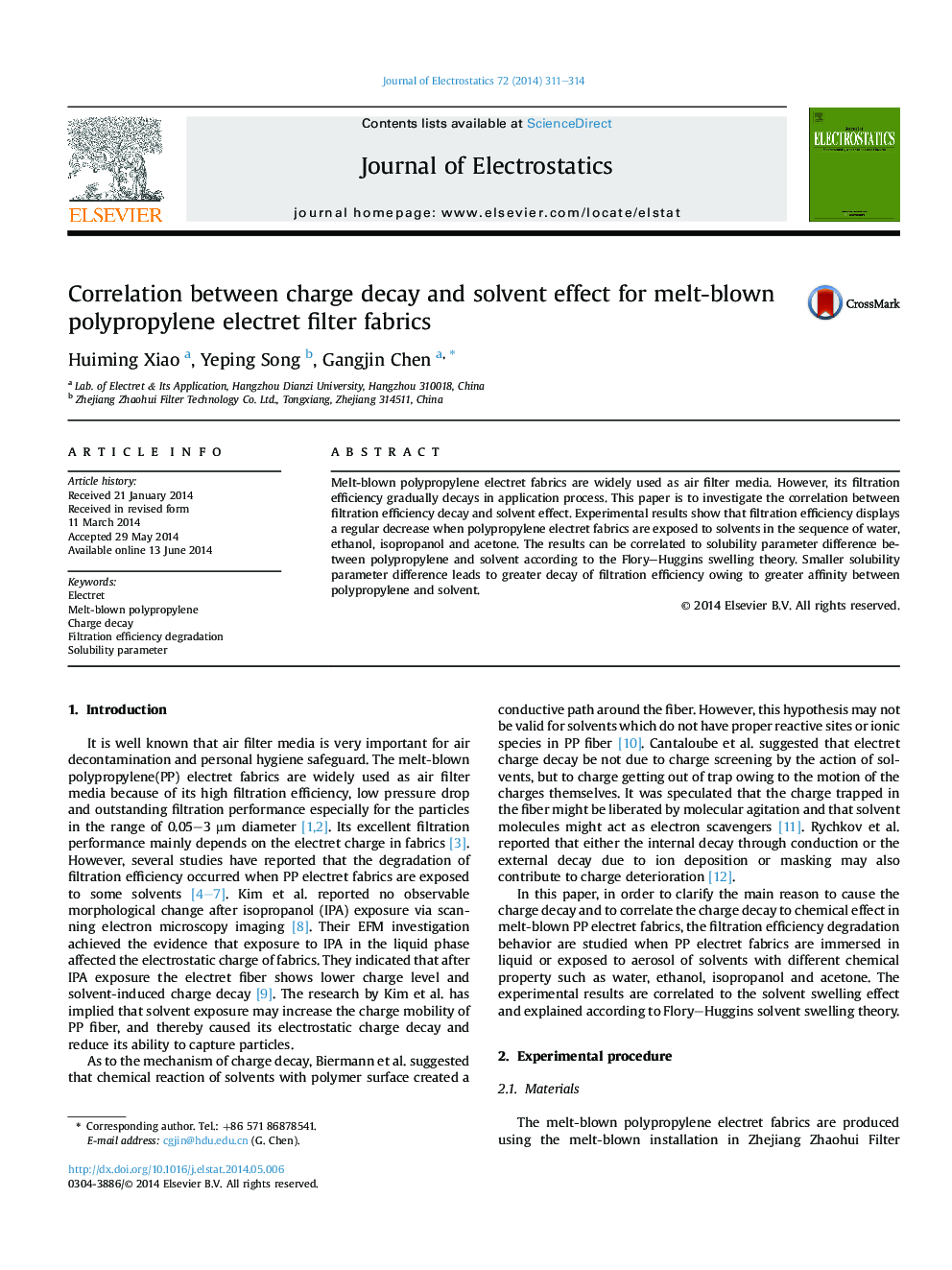 Correlation between charge decay and solvent effect for melt-blown polypropylene electret filter fabrics