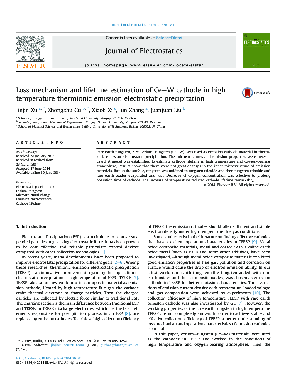 Loss mechanism and lifetime estimation of Ce–W cathode in high temperature thermionic emission electrostatic precipitation