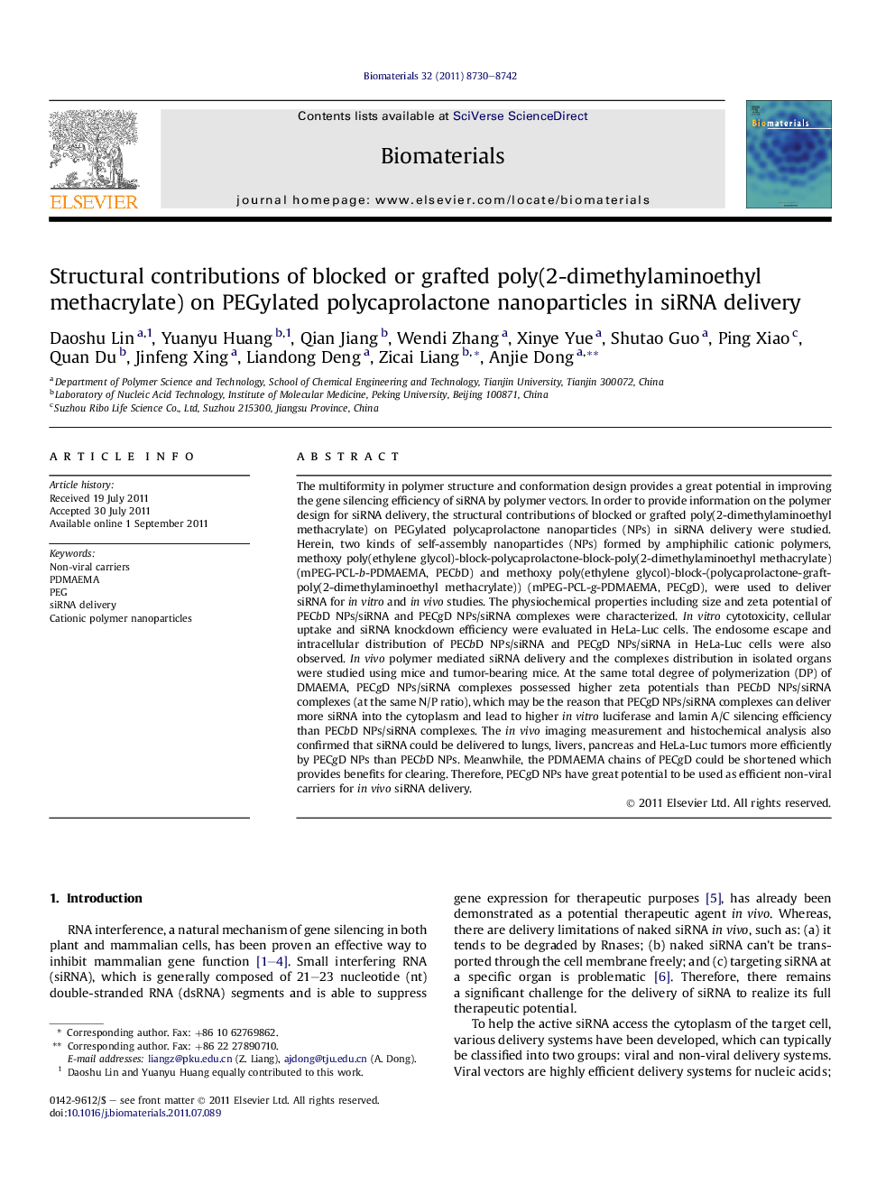 Structural contributions of blocked or grafted poly(2-dimethylaminoethyl methacrylate) on PEGylated polycaprolactone nanoparticles in siRNA delivery