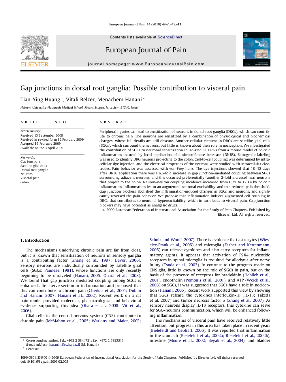 Gap junctions in dorsal root ganglia: Possible contribution to visceral pain