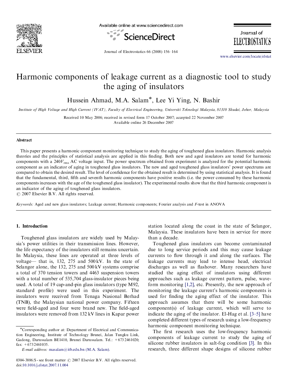 Harmonic components of leakage current as a diagnostic tool to study the aging of insulators