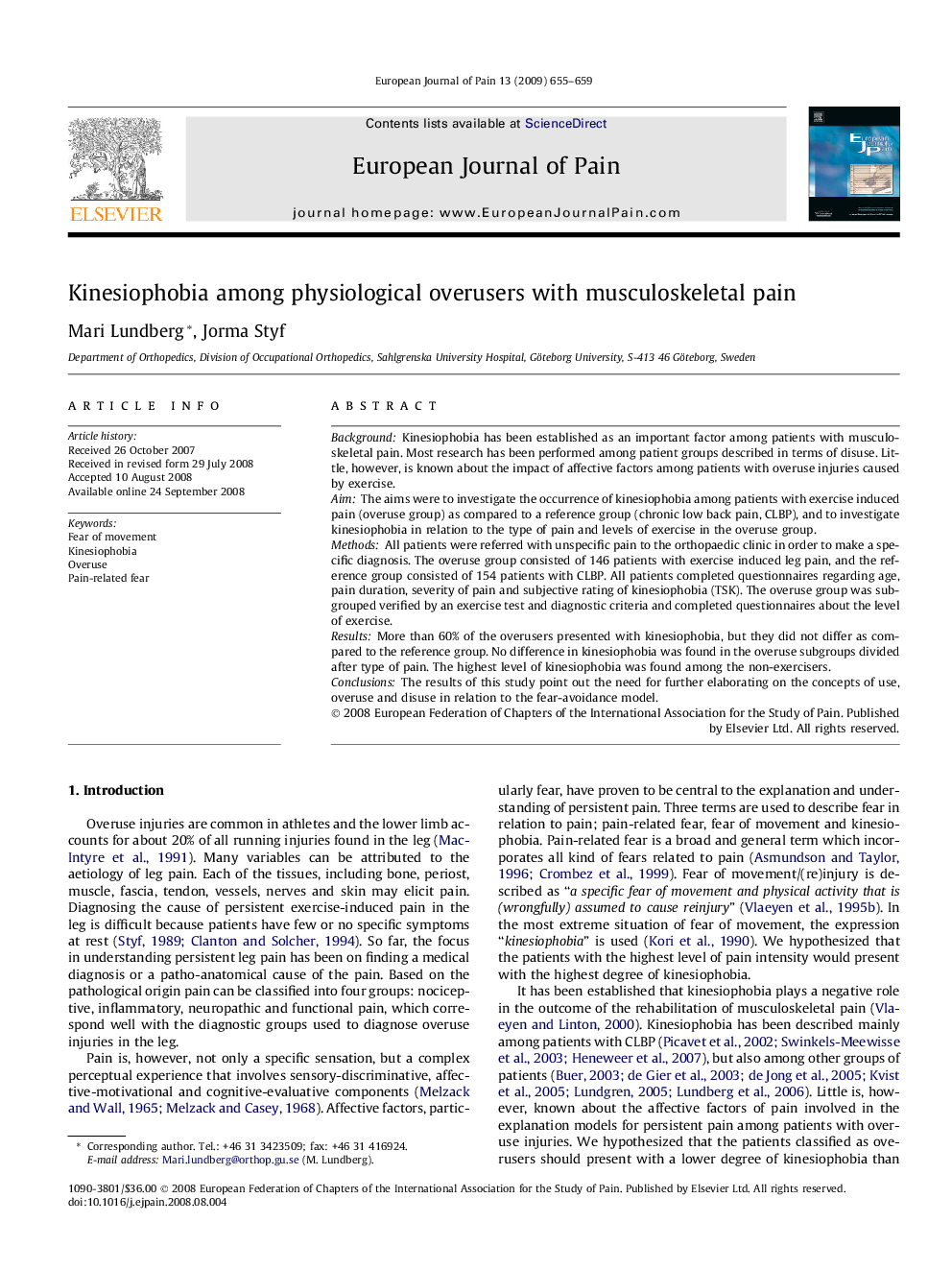 Kinesiophobia among physiological overusers with musculoskeletal pain