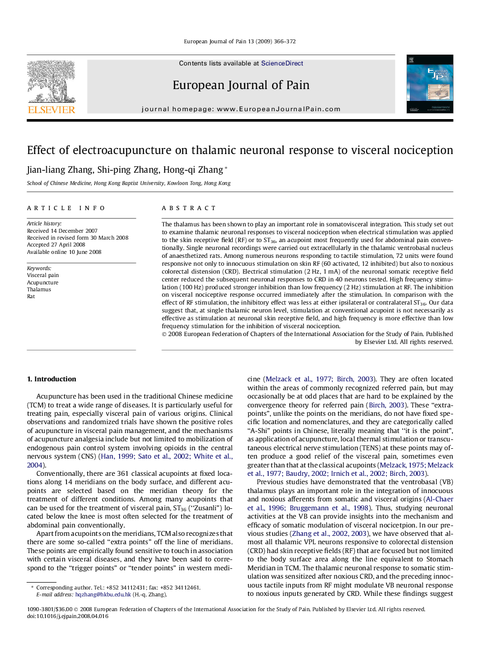 Effect of electroacupuncture on thalamic neuronal response to visceral nociception